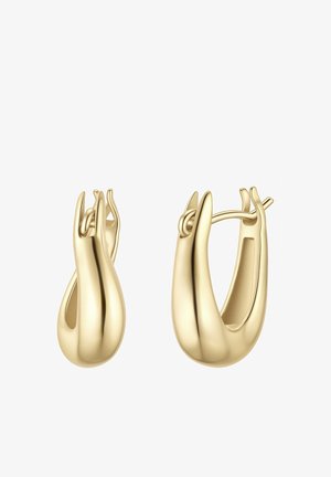 Par polerede guldringeøreringe med et moderne, snoet design og hængslet lukning vist på en hvid baggrund.