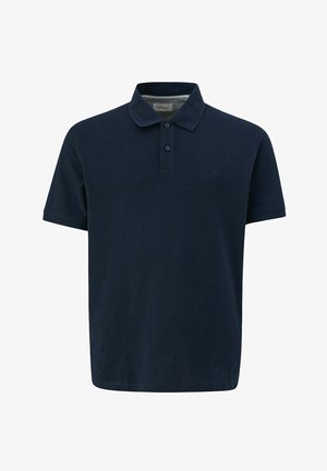 Dunkelblaues Poloshirt aus Baumwolle mit klassischem Kragen, drei Knöpfen an der Knopfleiste und kurzen Ärmeln. Glatte Textur.
