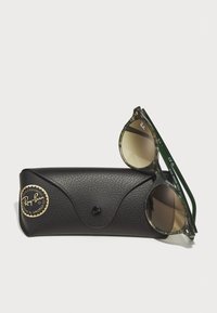 Ochelari de soare Ray-Ban cu rame verzi din tortoise, lentile maro și husă texturată neagră cu un logo auriu și închidere tip clapetă.