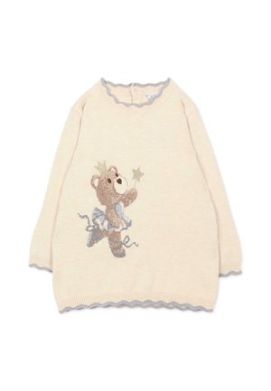 Pull tricoté couleur crème avec des bords festonnés et un ours en peluche portant une couronne et des chaussons de ballet tenant une baguette étoile sur le devant.