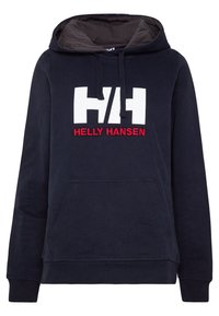 Granatowy hoodie z szarym wnętrzem, z dużym białym logo "HH" i czerwonym napisem "HELLY HANSEN" z przodu oraz przednią kieszenią.
