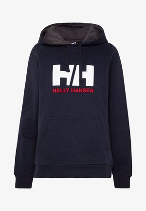 Sudadera azul marino con interior gris, que cuenta con un gran logo blanco "HH" y el texto rojo "HELLY HANSEN" en el frente, además de un bolsillo delantero.