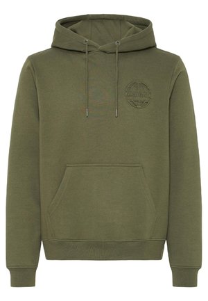 Olive green hoodie made of cotton blend. Features a front kangaroo pocket, adjustable drawstring hood, and embroidered logo on the chest.