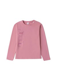 Lange mouwen roze katoenen shirt met de tekst "Het is een goede dag om een goede dag te hebben" in verschillende paarse tinten op de voorkant.