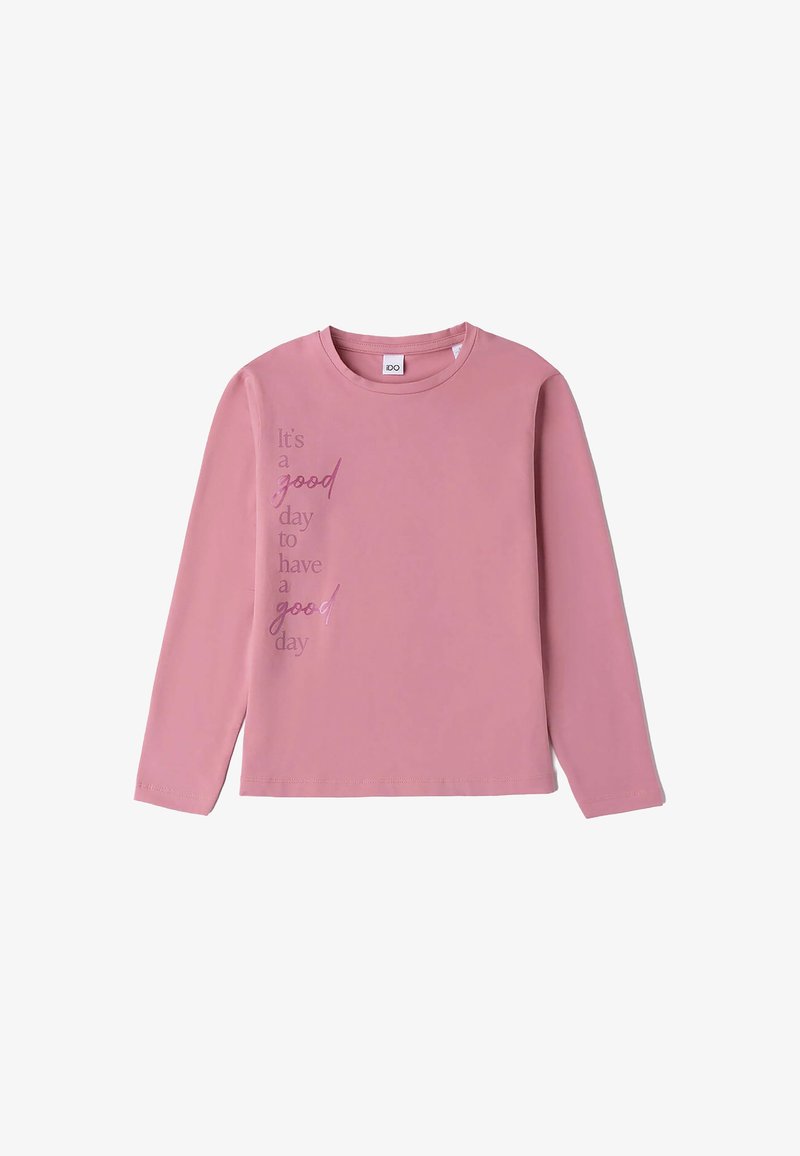 Lange mouwen roze katoenen shirt met de tekst "Het is een goede dag om een goede dag te hebben" in verschillende paarse tinten op de voorkant.