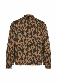Blusa con stampa leopardata marrone e nera, maniche lunghe, scollatura arricciata e polsini arricciati. Tessuto morbido con una vestibilità comoda.
