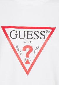 Triangolo con bordo rosso e testo nero "GUESS U.S.A.", punto interrogativo rosso e "WASHED JEANS" su uno sfondo di tessuto bianco.