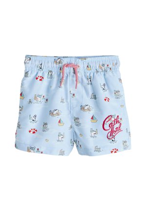 Hellblaue Badeshorts mit elastischem Bund, rotem und weißem Kordelzug, bedeckt mit Comic-Tieren, die schwimmen und segeln, Text "Cath Hotel" am linken Bein.