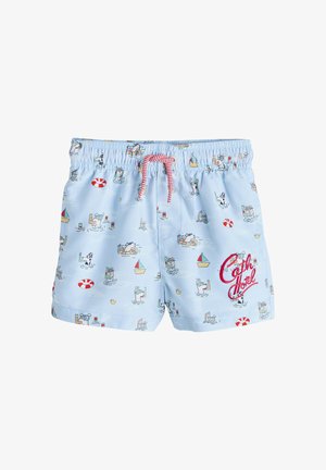 Lyseblå badeshorts med elastisk talje, rød og hvid snor, dækket af tegneseriefigurer, der svømmer og sejler, tekst "Cath Hotel" på venstre ben.