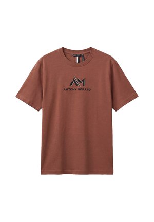 Bruin katoenen T-shirt met korte mouwen, zwart Antony Morato-logo en tekst gecentreerd op de borst.