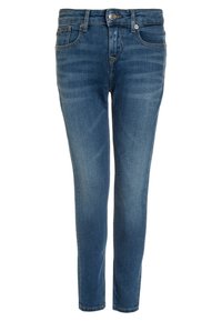 Slim jeans i mellanblå denim med midjehöjd, framfickor och subtil blekning. Klassisk sömnad och en metallknapp som accent.