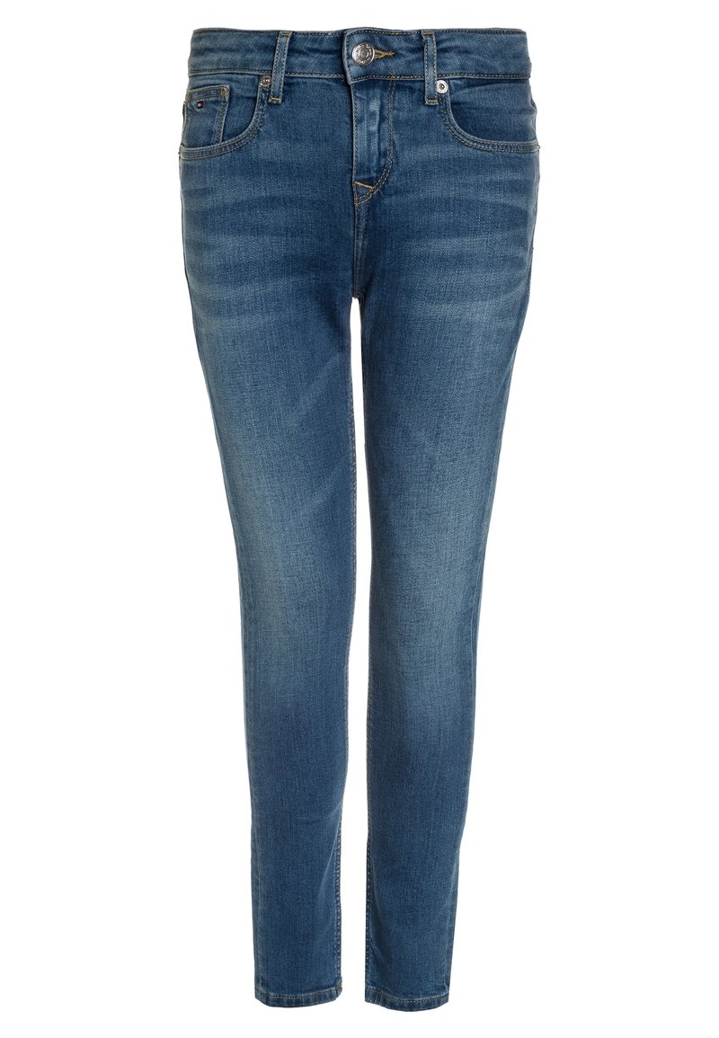 Slim jeans i mellanblå denim med midjehöjd, framfickor och subtil blekning. Klassisk sömnad och en metallknapp som accent.