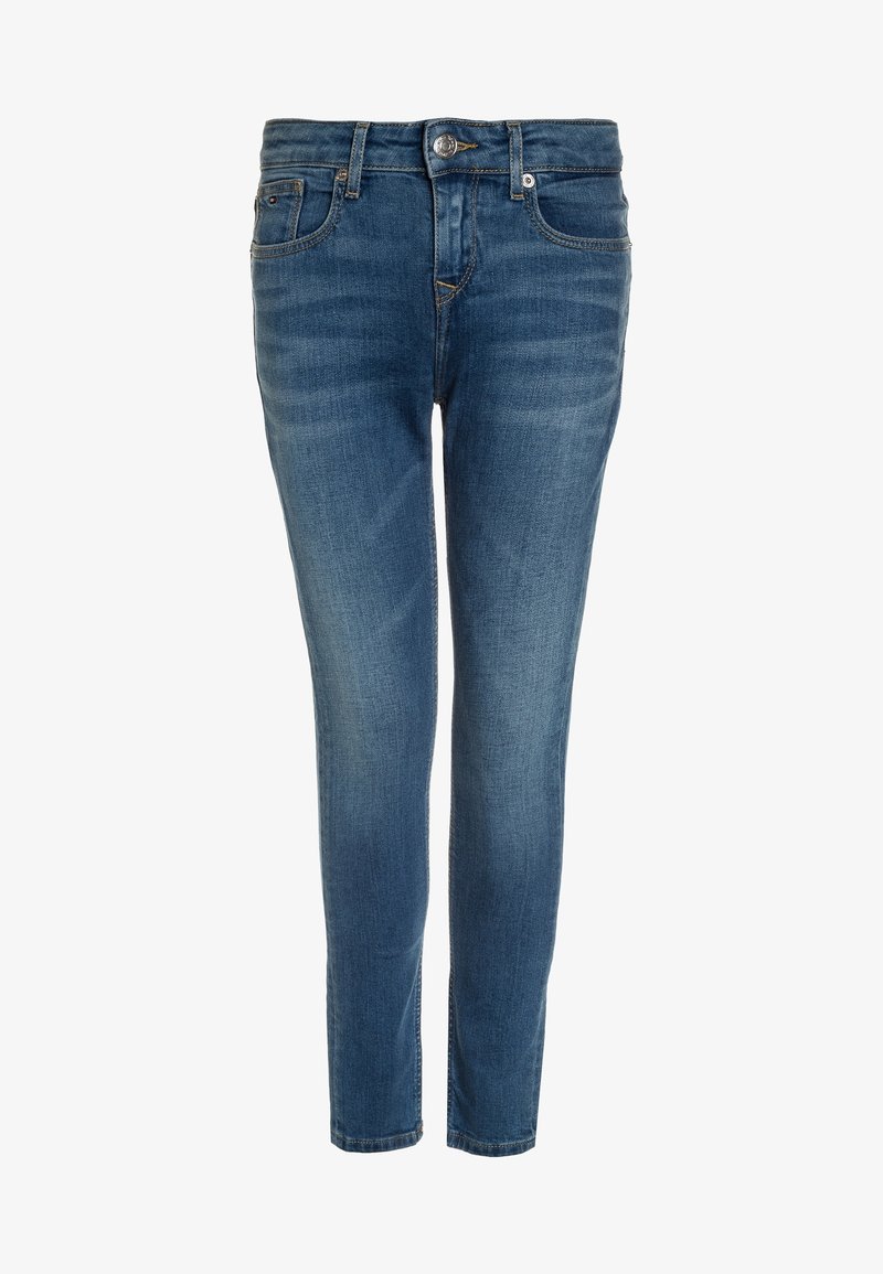 Slim jeans i mellanblå denim med midjehöjd, framfickor och subtil blekning. Klassisk sömnad och en metallknapp som accent.