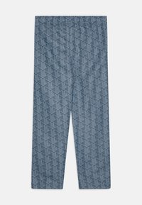 Blauwe broek met geometrisch patroon, gemaakt van een textuurstof en voorzien van een elastische tailleband voor comfort. Rechte pijpen.