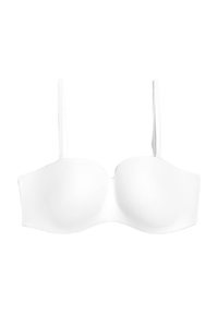 Witte straploze beha met gladde, gevormde cups en verstelbare smalle banden. Gemaakt van rekbare stof met een naadloze afwerking.