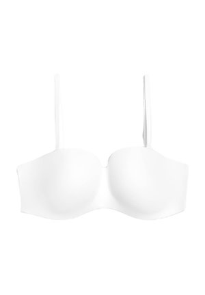 Soutien-gorge blanc sans bretelles, avec des bonnets lisses et moulés et des bretelles ajustables étroites. Fabriqué en tissu extensible avec une finition sans couture.