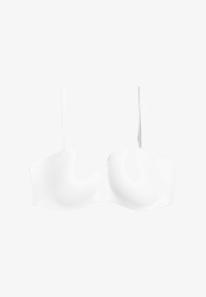 Witte straploze beha met gladde, gevormde cups en verstelbare smalle banden. Gemaakt van rekbare stof met een naadloze afwerking.