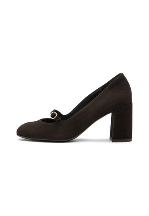 Dark brown suede Mary Jane pump with a rounded toe, low cut front, gold buckle strap, and block heel.