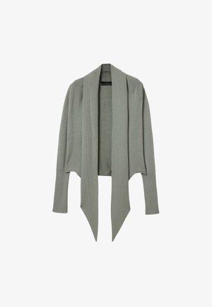 Lysegrå cardigan med åben front, lange ærmer og forlængede spidse frontpaneler, vist på en hvid baggrund.