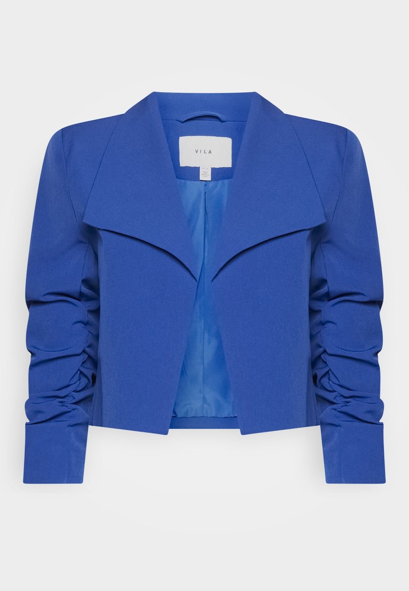 Krótkie, królewskoniebieskie żakiet damski z szerokimi klapami i marszczonymi długimi rękawami, z otwartym przodem i gładkim, satynowym wykończeniem.