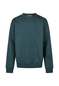 Dunkelgrüner Pullover aus weichem Material, mit einem Rundhalsausschnitt, langen Ärmeln und gerippten Bündchen sowie Saum. Einfaches Design ohne Muster.