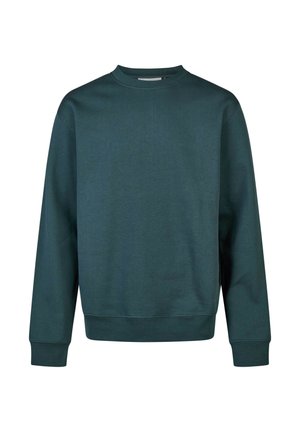 Dark green sweatshirt made of soft fabric, featuring a round neck, long sleeves, and ribbed cuffs and hem. Simple design with no patterns.