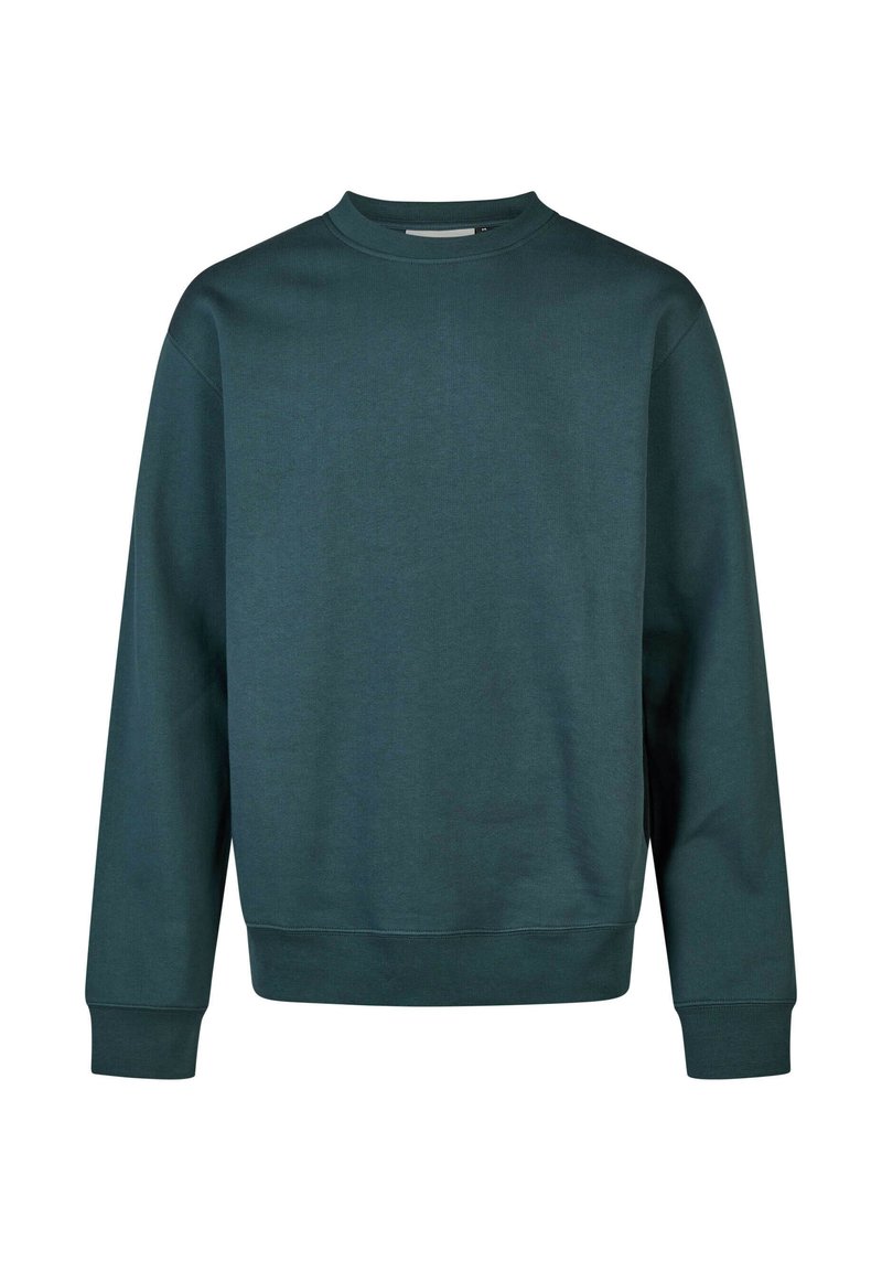 Dunkelgrüner Pullover aus weichem Material, mit einem Rundhalsausschnitt, langen Ärmeln und gerippten Bündchen sowie Saum. Einfaches Design ohne Muster.