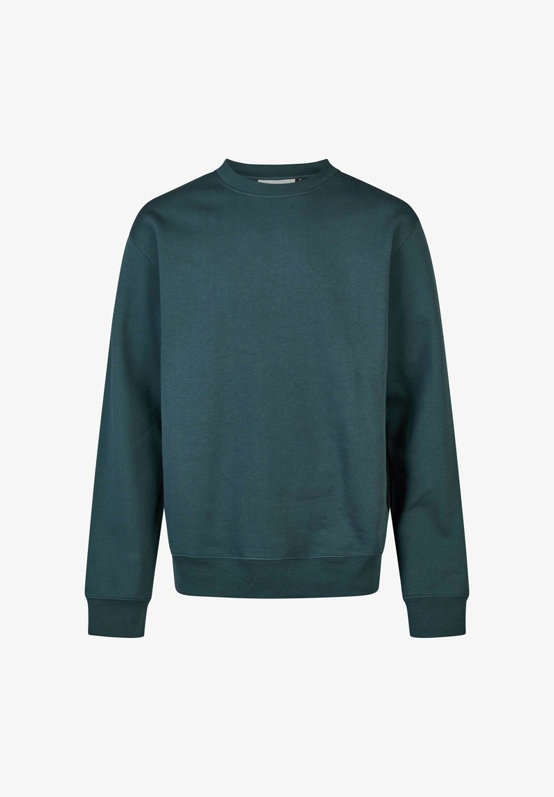 Dunkelgrüner Pullover aus weichem Material, mit einem Rundhalsausschnitt, langen Ärmeln und gerippten Bündchen sowie Saum. Einfaches Design ohne Muster.