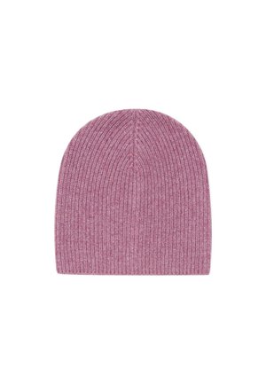 Gebreide beanie in een zachte mauve tint, met een geribbelde textuur en een ronde bovenkant voor een comfortabele pasvorm.