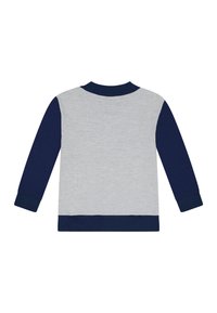 Kinderen sweatshirt met lange mouwen, met een lichtgrijze body en marineblauwe mouwen, kraag, boorden en zoom, getoond van de achterkant.