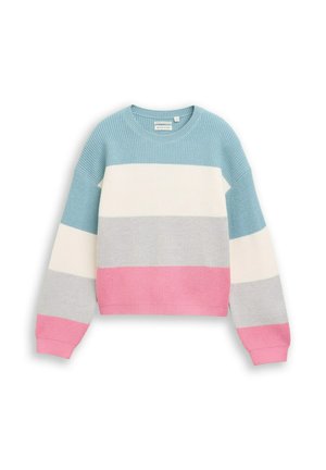 Gestrickter Pullover mit horizontalen breiten Streifen in Blau, Weiß, Grau und Pink, mit langen Ärmeln und rundem Ausschnitt.