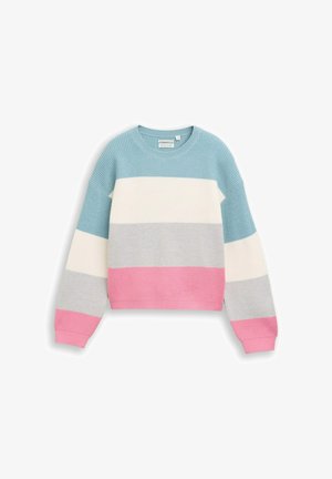 Gebreide trui met horizontale brede strepen in blauw, wit, grijs en roze, met lange mouwen en een ronde hals.