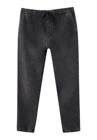 Czarne spodnie dresowe z denimu z elastyczną talią, sznurkiem do regulacji, bocznymi kieszeniami i zwężanymi nogawkami zakończonymi elastycznymi mankietami.