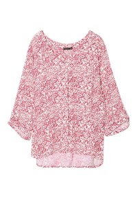 Kurzärmlige Bluse in einem pink-weißen, abstrakten Muster, mit lockerer Passform, V-Ausschnitt und leicht abgerundetem Saum. Leichter Stoff.