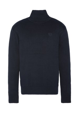 Granatowy sweter z golfem wykonany z gładkiego dzianiny. Posiada prążkowane mankiety i dół, oraz małe logo na piersi.