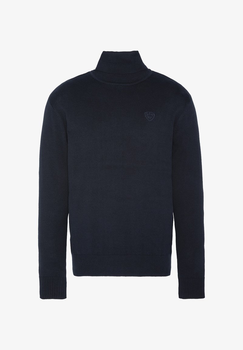 Pull col roulé bleu marine en tissu jersey lisse. Doté de poignets et d'un ourlet côtelés, avec un petit logo sur la poitrine.