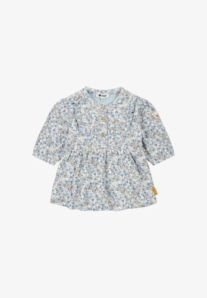 Baby-Kleid mit Blumenmuster in Hellblau, mit kurzen Puffärmeln, rundem Kragen, Knopfverschluss und gerafftem Rock.