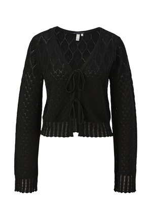 Schwarze Strickjacke mit Rautenmuster, langen Ärmeln, V-Ausschnitt und einer Schleifenfrontöffnung mit gewelltem Saum.