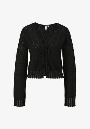 Zwarte gebreide cardigan met een ruitpatroon, lange mouwen, een V-hals en een striksluiting met een gegolfde zoom.