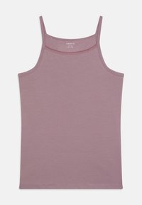Hihaton, kirevä tank top vaaleanlilassa värissä, jossa on sileä pinta, pyöreä pääntie ja ohuet olkaimet. Sisältää hienovaraisia ompelusaumoja.
