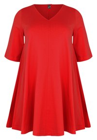 Rotes, kurzärmeliges Kleid mit V-Ausschnitt, aus leichtem Stoff. Ausgestelltes Design, knielang, mit glatter Textur und einfachem Schnitt.