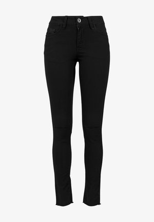 Schwarze Skinny-Jeans aus elastischem Material, mit ausgefransten Knieausschnitten, einer mittelhohen Taille und einem fransigen Saum für einen modernen Look.