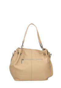 Bolso de cuero marrón claro con forma redondeada, asas dobles y hardware plateado. Presenta un bolsillo con cremallera en la parte frontal y detalles de costura.