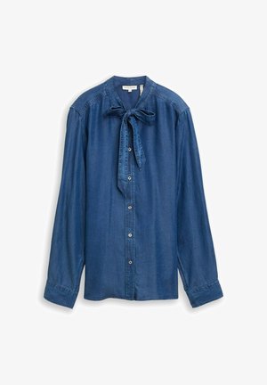 Donkerblauwe denim blouse met een strik hals, knoopsluitingen aan de voorkant, lange mouwen en een gladde textuur.