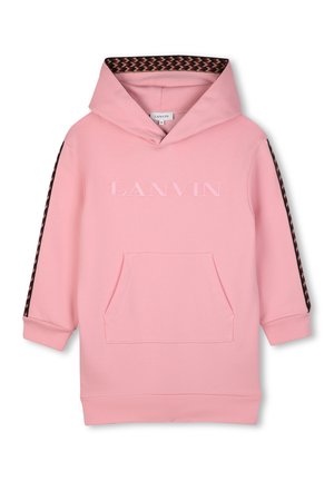 Sweat à capuche rose avec poche avant, rayures zigzag noires et rouges sur les manches, et logo "LANVIN" brodé sur la poitrine.