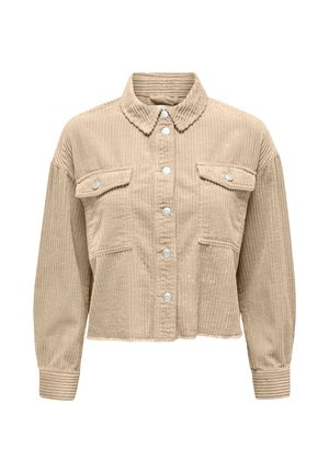 Beige, long-sleeve corduroy jacket with button front, two chest flap pockets with buttons, and a standard collar.