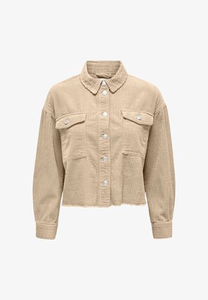 Beige, long-sleeve corduroy jacket with button front, two chest flap pockets with buttons, and a standard collar.
