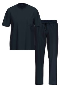Marineblaues Baumwollmischung-Zweiteiler-Set mit einem V-Ausschnitt und kurzen Ärmeln, das eine Brusttasche hat, sowie elastischen Hosen mit einem Kordelzug.