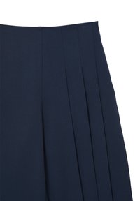 Gonna plissettata blu navy con una vita strutturata, caratterizzata da pieghe verticali per un'aggiunta di texture e una finitura superficiale liscia.