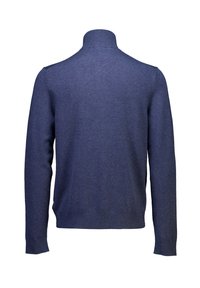 Tummansininen neulepaita, jossa on korkea kaulus, pitkät hihat ja sileä pinta. Ominaisuuksiin kuuluu muotoiltu malli, jossa on ribbaus hihoissa ja helmassa.